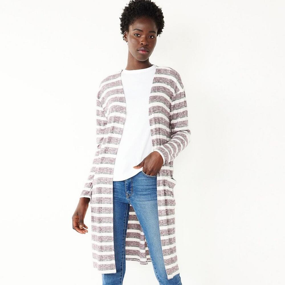 NEW Nine West Women’s Marled Striped Rib Knit Duster Cardigan Sweater Small